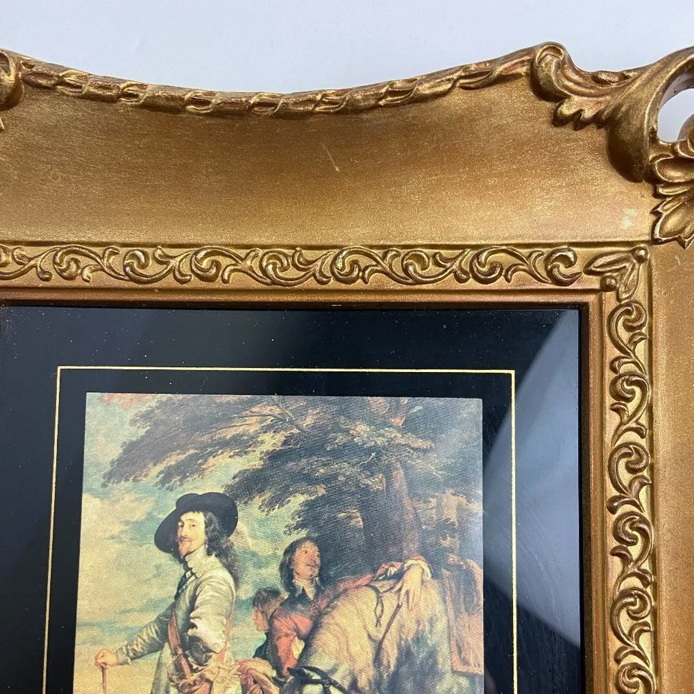Vintage Painting reproduction Victorian era Men Horse Framed Gold Patina